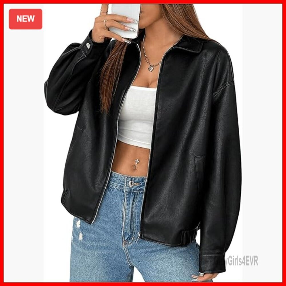 Faux Leather Zip Up Jacket Long Sleeve Drop Shoulder Outerwear Coat